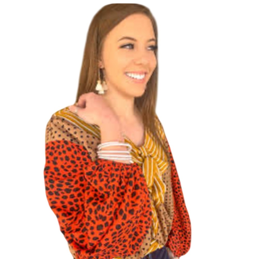 Umgee USA Mixed Print Dolman Sleeve Tie Front Blouse Leopard Polka Dot Stripe S‎